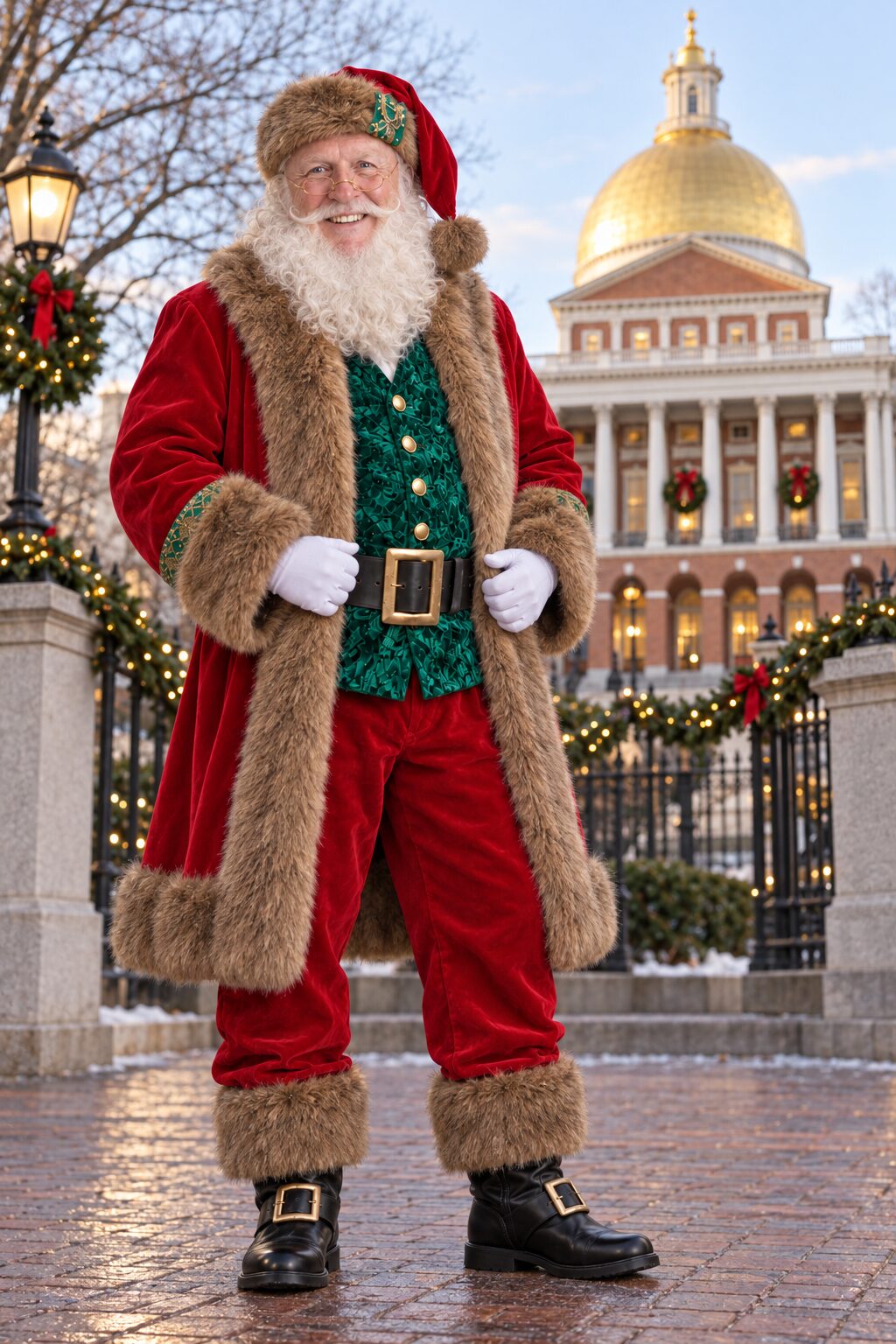 Santa Chris in a red velvet coat and green vest, standing before the Massachusetts State House in Boston