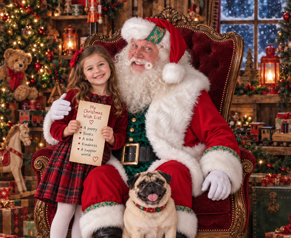 Santa Chris seated in a red armchair with a young girl holding her Christmas wish list, and a pug at his feet