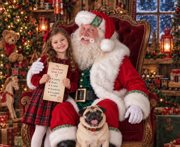 Santa Chris with a young girl reading her wish list, a pug sitting at his feet